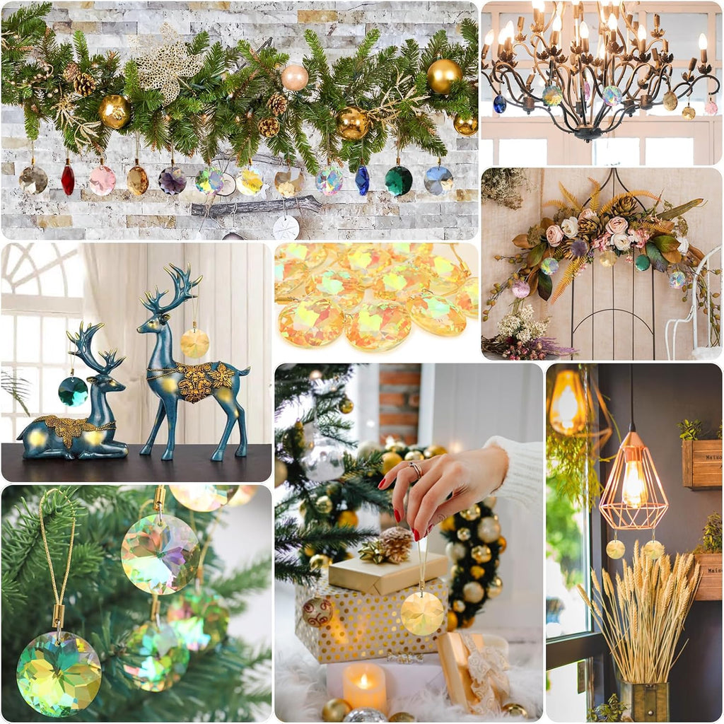 12 Pcs Crystal Glass Christmas Balls Ornaments, 1.18″ Mini Round Prism Flower Xmas Tree Decorations, Hanging Ornament for Wedding Party Home Decor (Sparkly Gold)