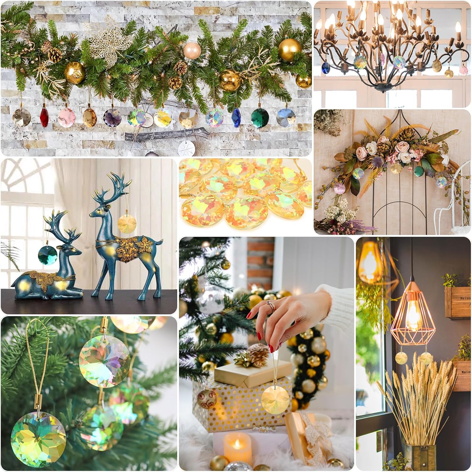 12 Pcs Crystal Glass Christmas Balls Ornaments, 1.18″ Mini Round Prism Flower Xmas Tree Decorations, Hanging Ornament for Wedding Party Home Decor (Sparkly Gold)