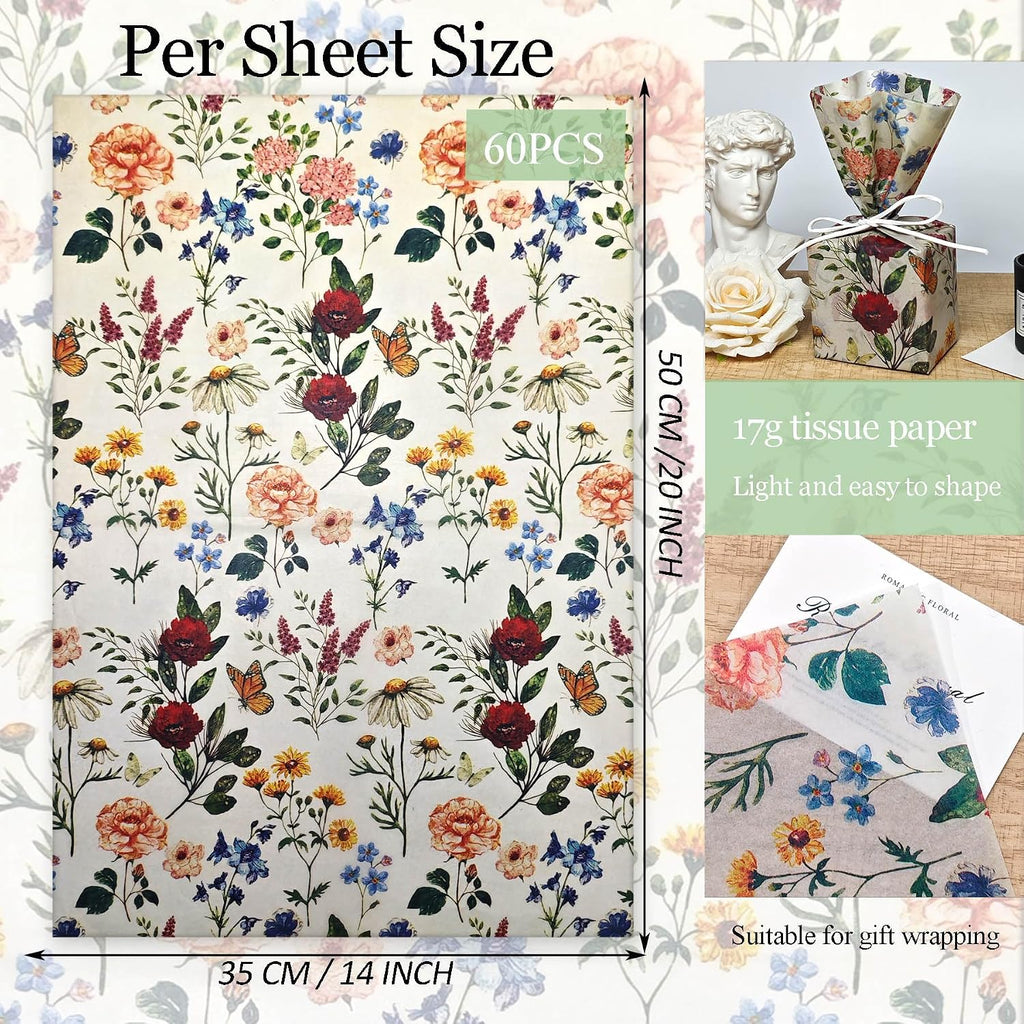 LIAPAWPAW Rustic Floral Tissue Paper, Wildflower Lavender Printed Gift Wrapping Tissue Paper for Gift Bags, Vintage Art Packaging for Birthday, Wedding, Shower, Holiday, DIY Craft, 60 Sheets 20×14 in