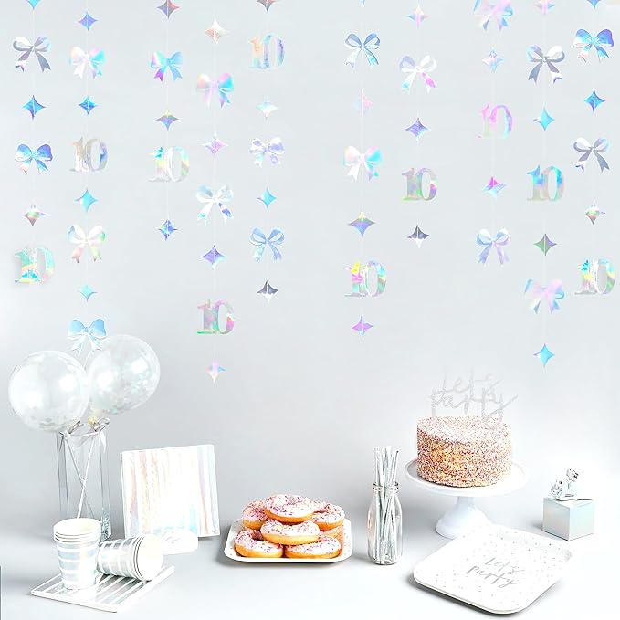 Iridescent 10th Bow Birthday Decorations Glitter Conquette Bow Garland Streamer Banner Backdrop for Girls Boys Happy 10th Birthday Double Digits Cheers to 10 Years Old Anniversary Party Supplies