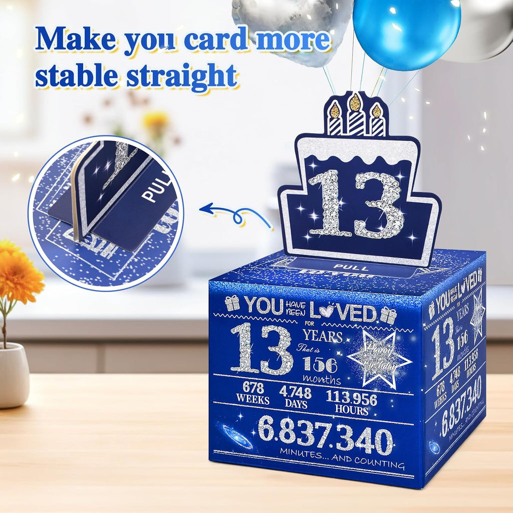 13 Happy Birthday Money Box for Cash Gift, 13th Birthday Decorations for Boys and Girls, Gifts for 13 Year Old Boy, Boy Gift Ideas, Cool Things for Teen -Blue with 100PCS Bags