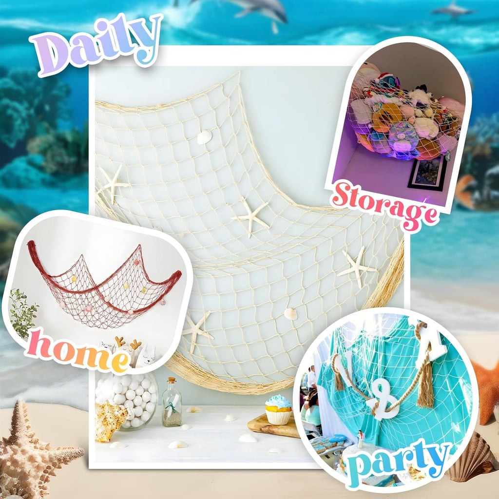2 Pack Fish Net Decorations for Party, Natural Cotton Hawaiian Table Runner Party Fishing Net Decorative, Nautical Themed Decor Cotton Fishnet Under The Sea Pirate Ocean BeachHalloween Decor