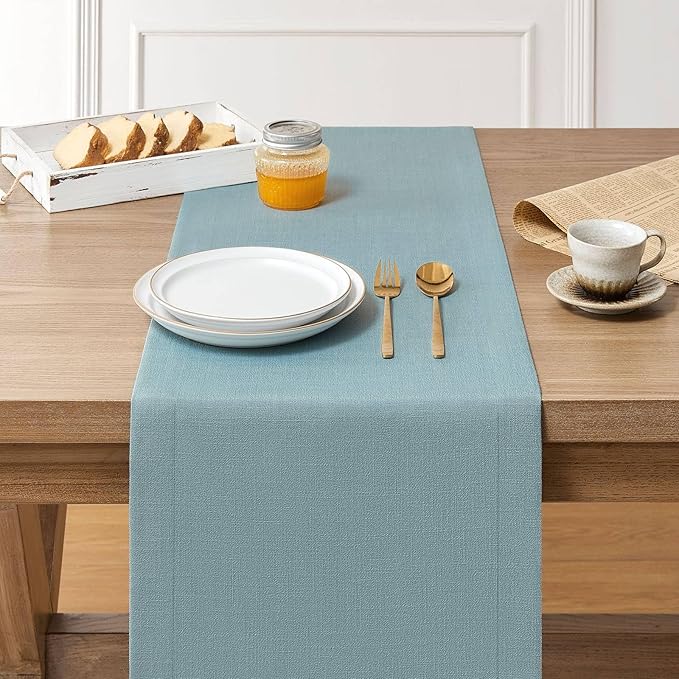 ZeeMart Linen Textured Border Table Runner, 14 x 72 Inch Blue, Farmhouse Style Dusty Blue Table Runners 72 Inches Long, Easy Care Everyday Polyester Table Runner