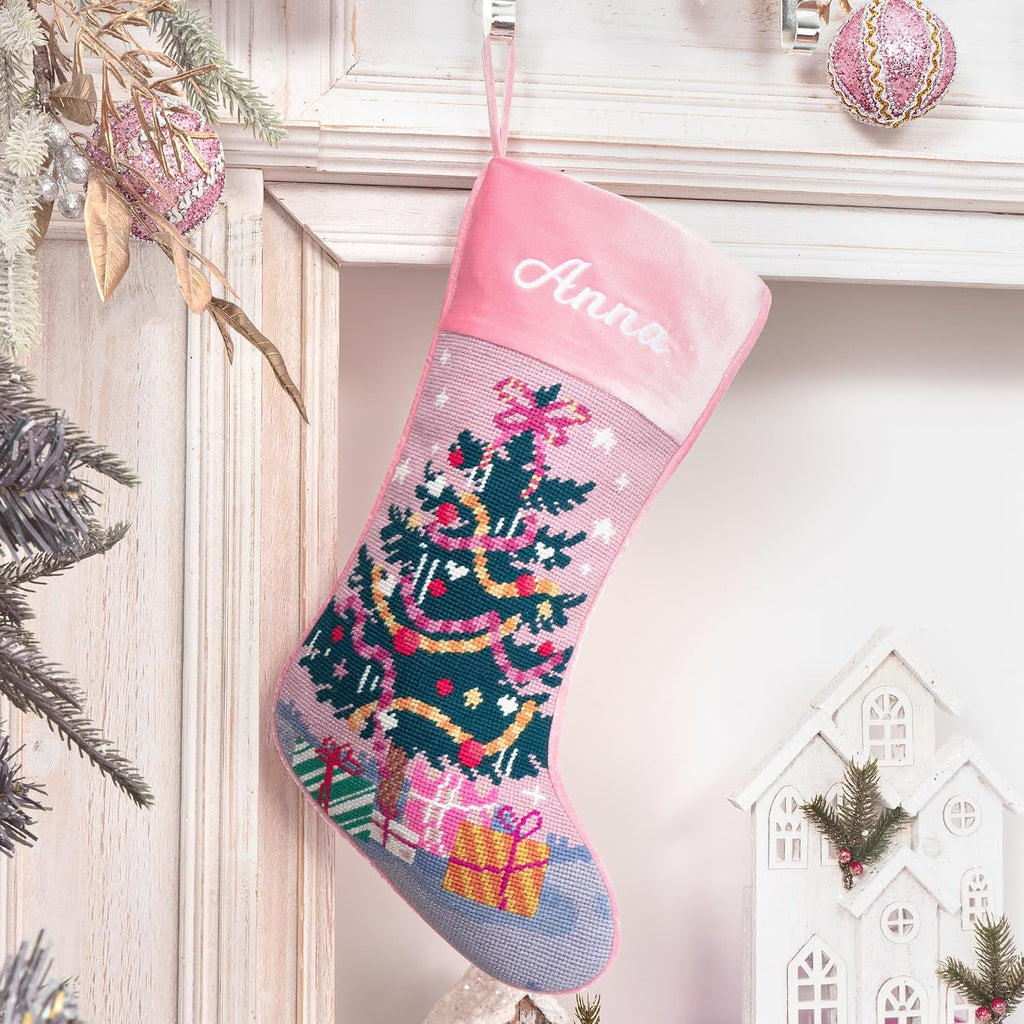 MT WORLD Needlepoint Christmas Stockings Personalized Snowman Santa Nutcracker Christmas Tree Embroidered Family Stockings for Holiday Applique Pink Velvet Stocking with Name for Family Decoration