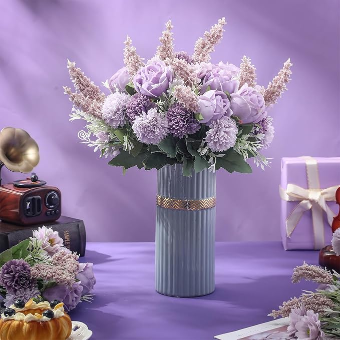 Zeyune 8 Pcs Wedding Silk Flowers Fake Silk Flowers Faux Bouquet Hydrangea Bouquets for Wedding Birthday Party Table Centerpieces Home Decoration (Purple,Rose)