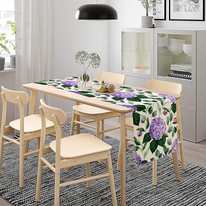 Spring Hydrangea Flower Table Runner, Seasonal Summer Plants Eucalyptus Leaves Purple Florals Dinner Runner for Home Kitchen Dining Table Party Holiday Decoration 13"x60"