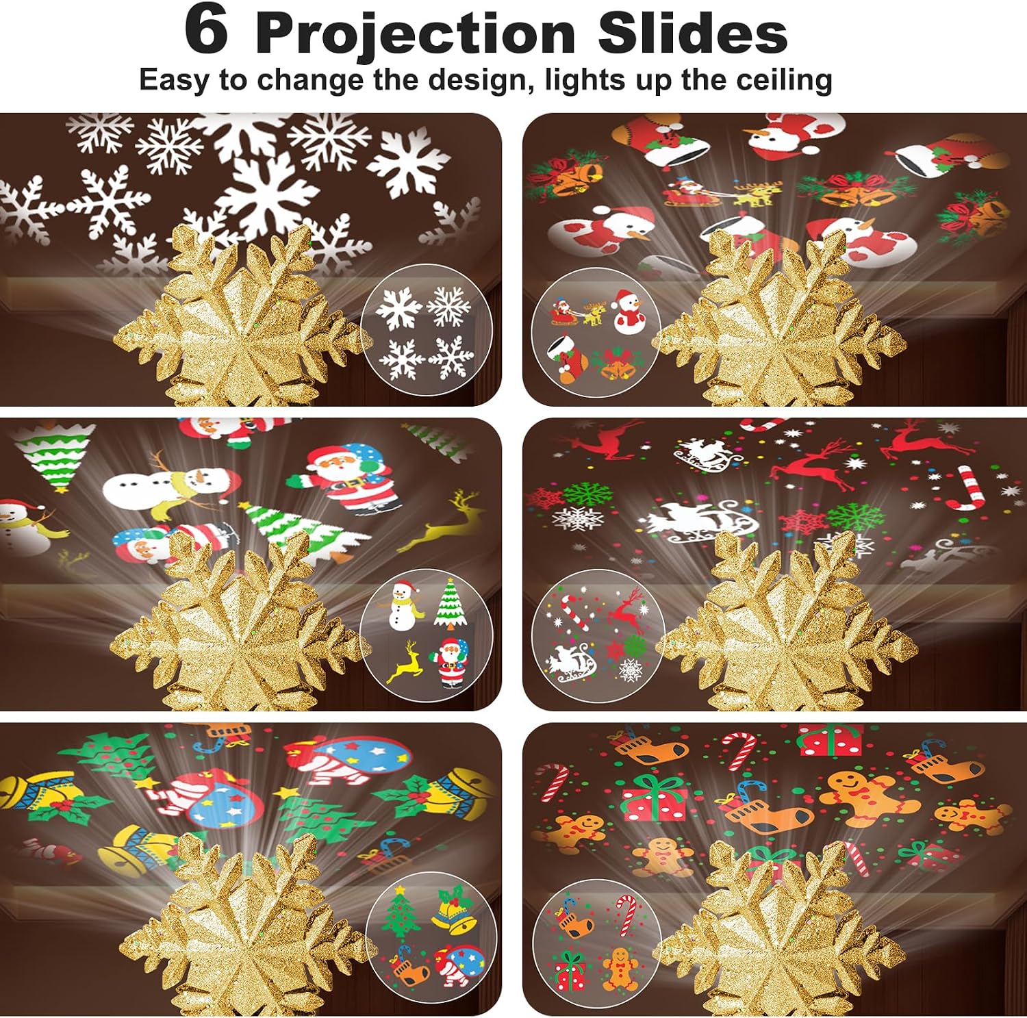 Christmas Tree Toppers Lighted with 6 Projection Modes, Christmas Snowflake Tree Topper with Built-in LED Rotating Lights, Gold 3D Glitter Projection for Xmas Party Holiday Decorations