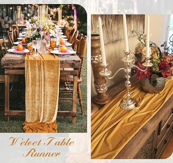 Velvet Table Runner 20 x 120 Inches 10ft Luxurious Thick Soft Velvet Christmas Thanksgiving Wedding Reception Table Runner for Party Reception Decorations(Gold, 6 Pack)