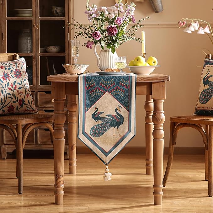 Vintage Blue Peacock Table Runner for Coffee Table,Decorative Linen 71 Inches Long Table Runners,Decor Tabletop for Kitchen,Dining,Tea Party,Home,Christmas,12"*71"