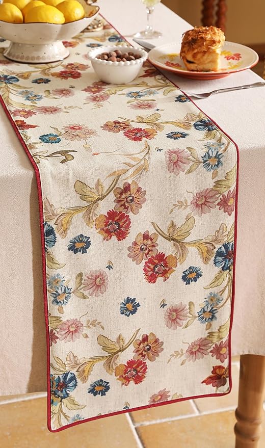 patdrea Designer Farmhouse Linen Thick Table Runner, Rustic Cottage Beige with Floral Pattern Fabric Table Mat, Decoration for Kitchen Dining Coffee Table Banquet Christmas , 12"*102"