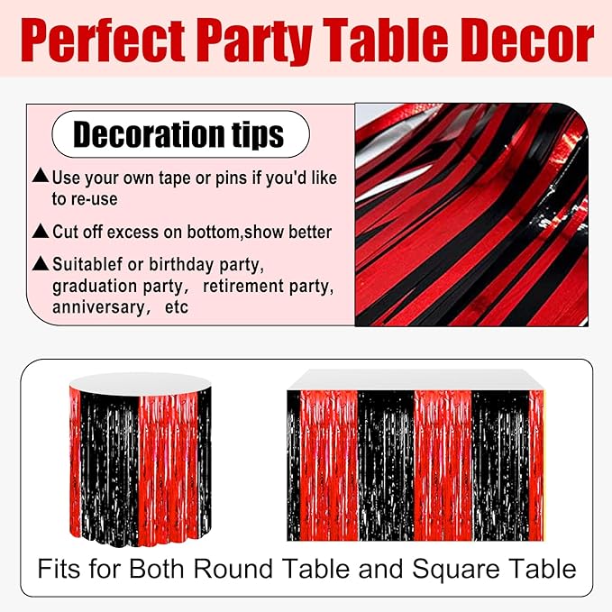 3 Pack 29x108 Inch Black Red Foil Fringe Table Skirts Metallic Banner for Tinsel Streamer Garland Backdrop for Parade Floats Wedding Thanksgiving Birthday Christmas Halloween Party Decoration