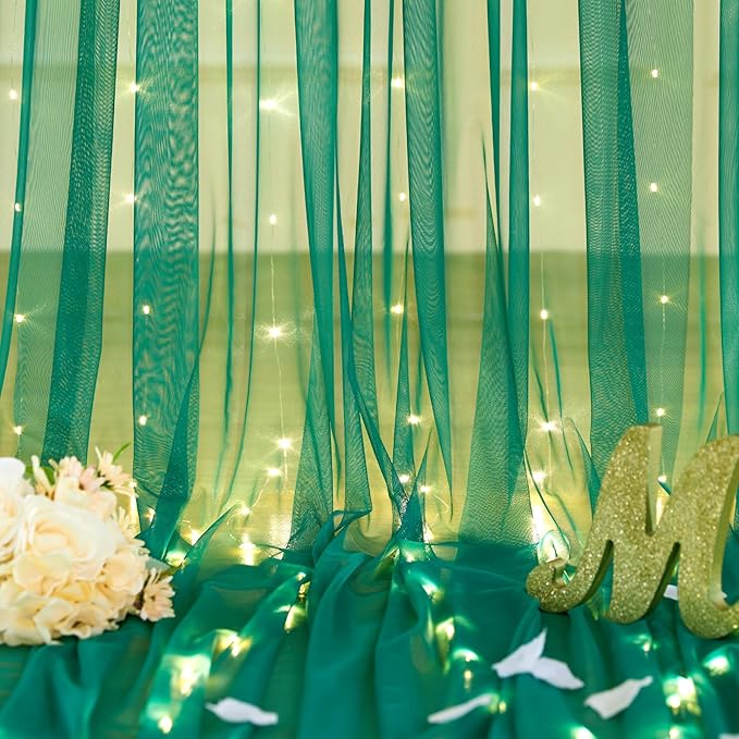 Hunter Green Tulle Backdrop Curtains with Lights String for Parites 10x8ft Sheer Backdrop Curtains Drapes for Birthday Party Bridal Shower Baby Shower Photo Booth Background Decorations