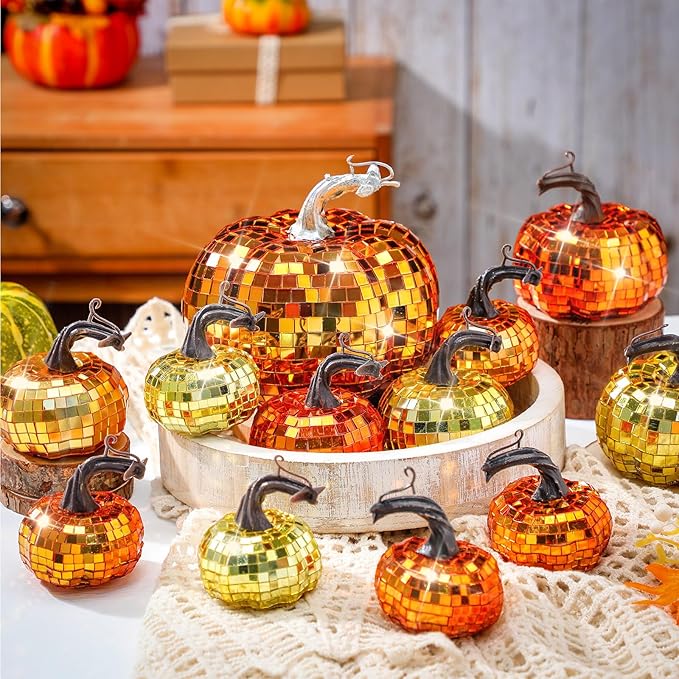 Lenwen 12 Pcs Artificial Disco Pumpkin Glitter Mirror Pumpkin for Decorating Fall Farmhouse Hanging Ornament Harvest Decor for Halloween Thanksgiving Table Centerpiece(Orange, Gold, Dark Gold)