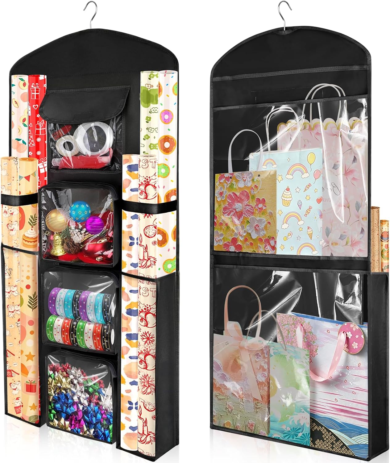 Woodoulogy Hanging Gift Wrapping Paper Storage, 40"X17" Black Double-Sided Christmas Wrapper Bag Container, Oxford Craft Roll Organizer, Present Wrap Holder for Bedroom Closet, Door, Cabinet