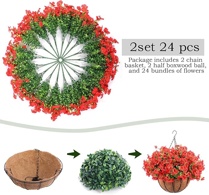 Hananona 24 Pcs Artficial Outdoor Flowers with Hanging Baskets, 2 Pack Hanging Planter with Red Outdoor Spring Flowers for Christmas Porch Home Patio Yard Decor (2, Red)