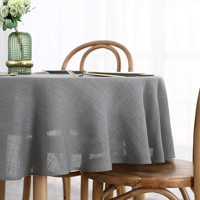 maxmill Lux Faux Linen Tablecloth with Slubby Texture Wrinkle Resistant Anti-Shrink Soft Table Cloth for Kitchen Dining Restaurant Tabletop for Event Holiday Dinner Round 70 Inch Neutral Gray