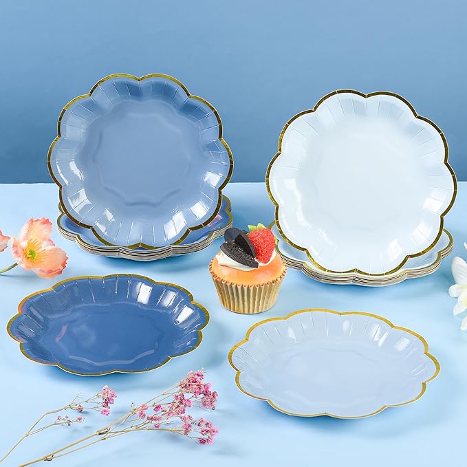 Dusty Blue Party Plates Gradient Blue Dessert Paper Plate 7inch Gold Foil Scalloped Edge Disposable Cake Plates for Father’s Day Birthday Bridal Baby Shower Wedding Party Supplies