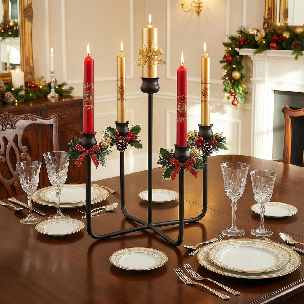 5-Candle Candelabra Candlestick Holder, 16 Inch Antique Candle Holder, Black Tabletop Candles Stand for Wedding, Event, Christmas & Dining, Table Centerpiece Décor