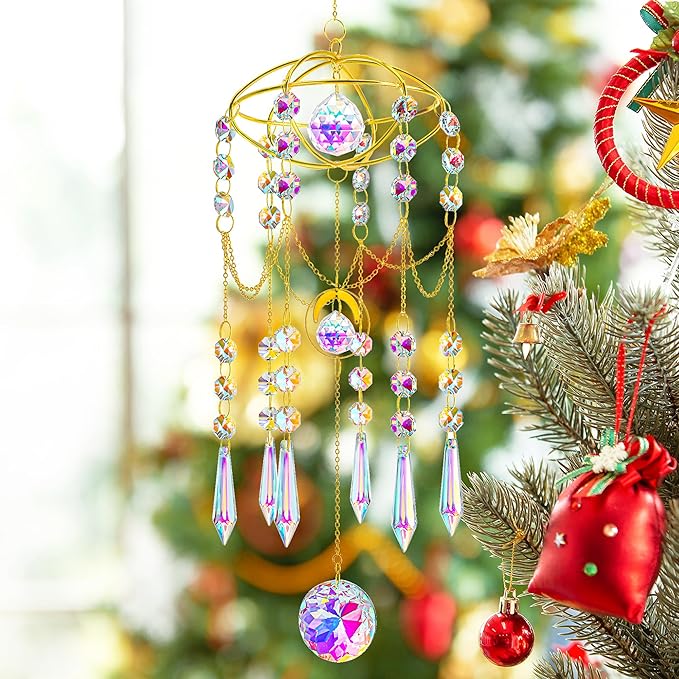 H&D HYALINE & DORA Colored Prisms Crystal Suncatcher Gold Window Sun Catcher Hanging Wind Chime Rainbow Sun Catcher for Home Garden Porch