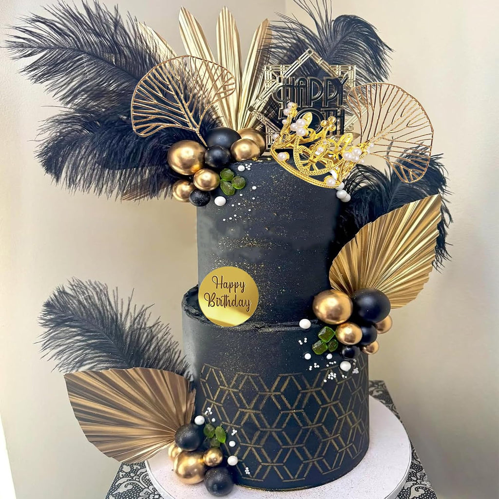 Balls Cake Toppers Crown Tiara Cake Topper Happy Birthday Cake Decorations for Birthday Boho Wedding Baby Shower Party Decorations (Black Gold)