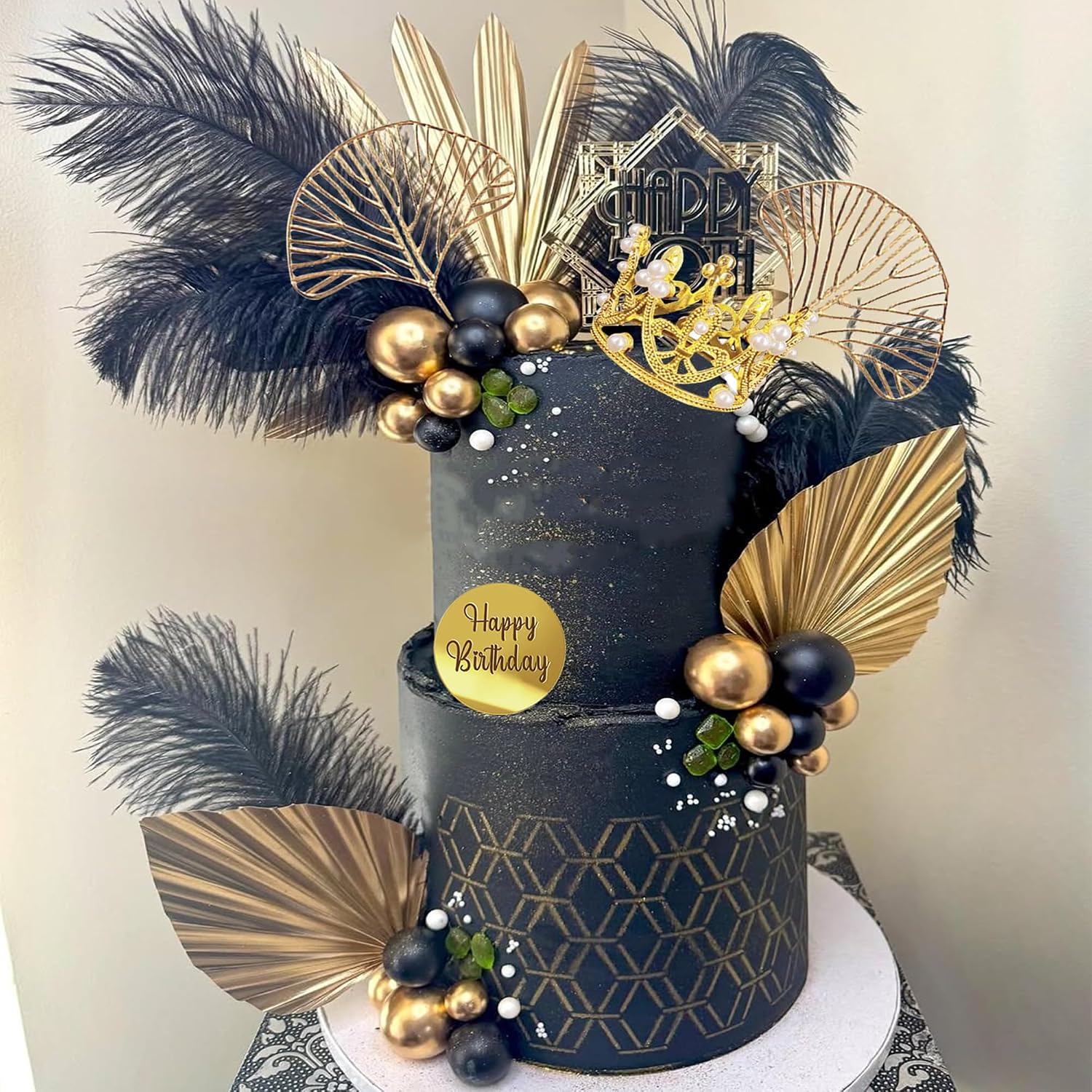 Balls Cake Toppers Crown Tiara Cake Topper Happy Birthday Cake Decorations for Birthday Boho Wedding Baby Shower Party Decorations (Black Gold)