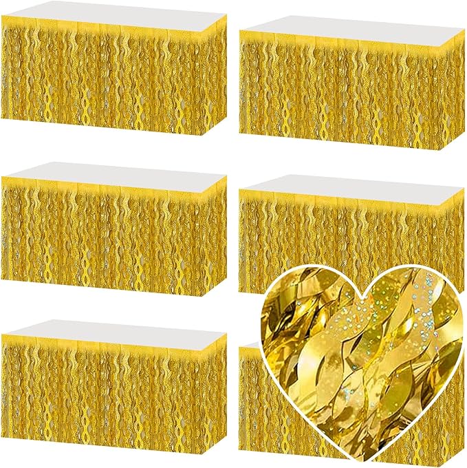6 Pack 29x108 Inch Gold Wave Foil Fringe Table Skirts Metallic Banner for Tinsel Streamer Garland Backdrop for Parade Floats Mother's, Graduate, Mardi Gras, Birthday, Wedding Party Decorations