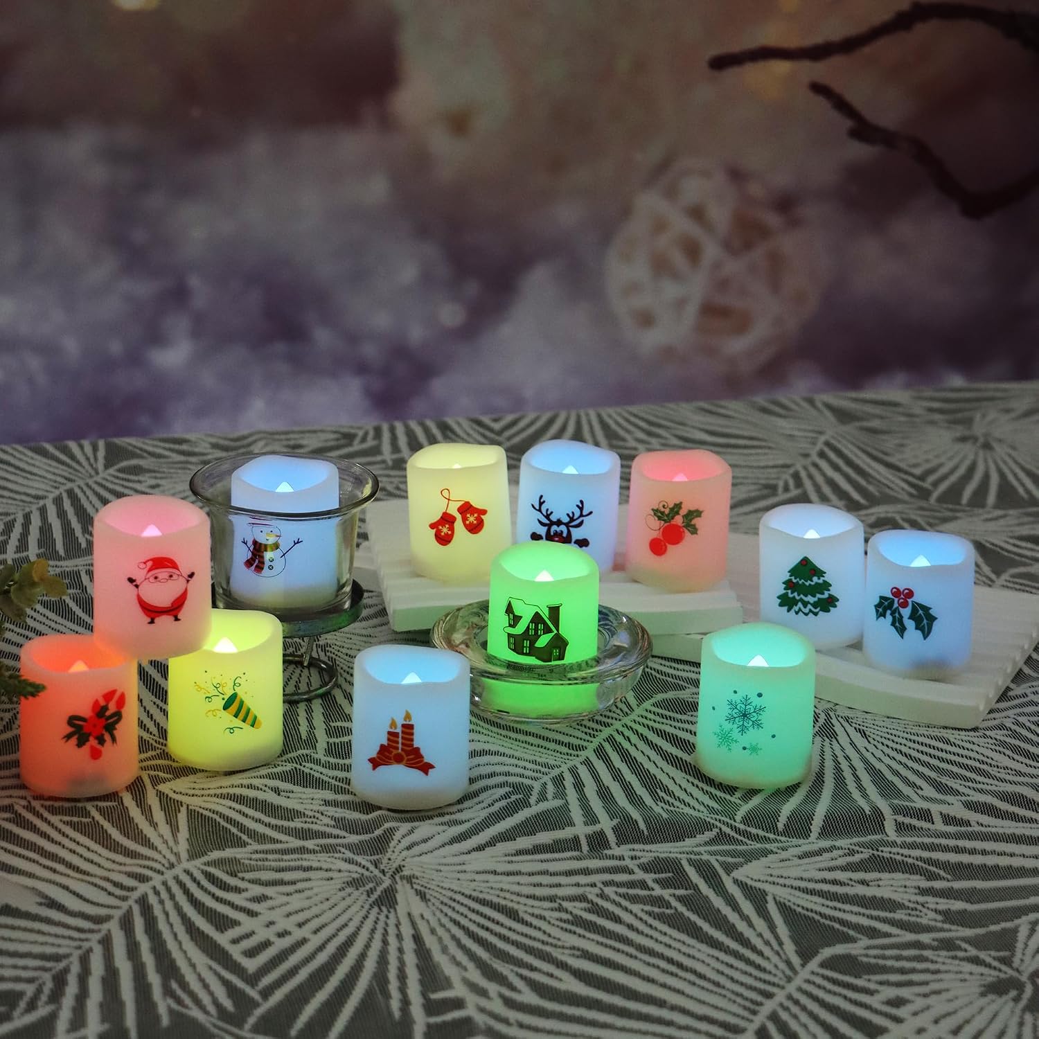 CANDLE CHOICE Christmas Color Changing Battery Operated Flameless Votive Candles Small Realistic Electric LED Votives with Christmas Theme Decals for Xmas Party Decorations 12 Pack Batteries Included