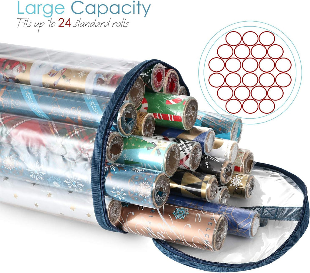 Hearth & Harbor Wrapping Paper Storage Container and Clear Wrap Paper Holder - Christmas Storage Bag with Interior Pockets - Fits Up to 36 Rolls of 40" - Tear Proof, Blue
