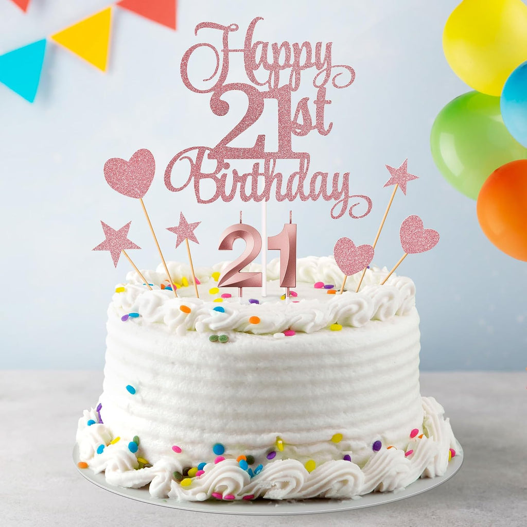 21st Birthday Cake Toppers, 21st Birthday Candles Numeral Candles and Glitter Cake Decorations Toppers Set for Party Supplies (Rose Gold)