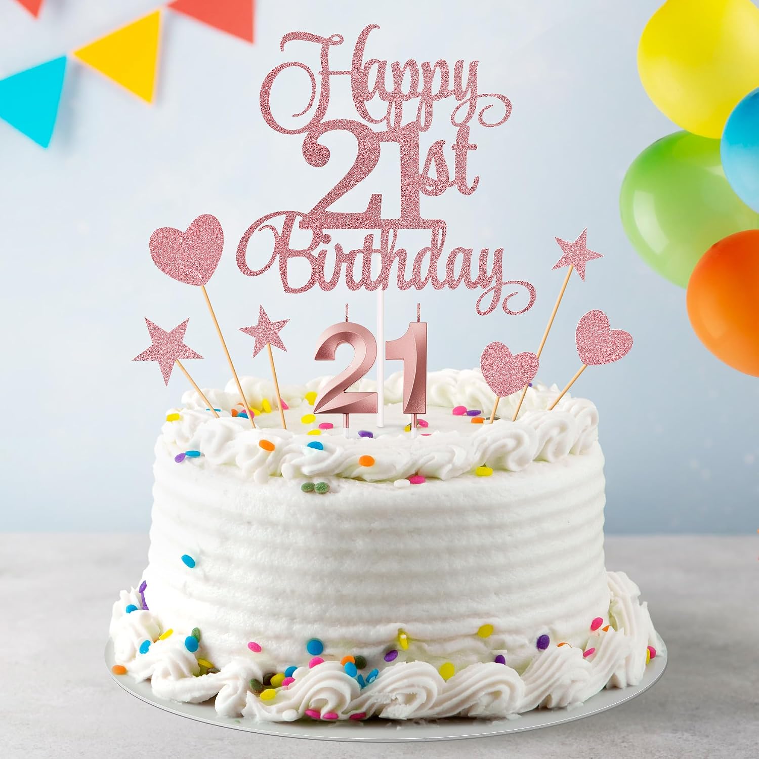 21st Birthday Cake Toppers, 21st Birthday Candles Numeral Candles and Glitter Cake Decorations Toppers Set for Party Supplies (Rose Gold)