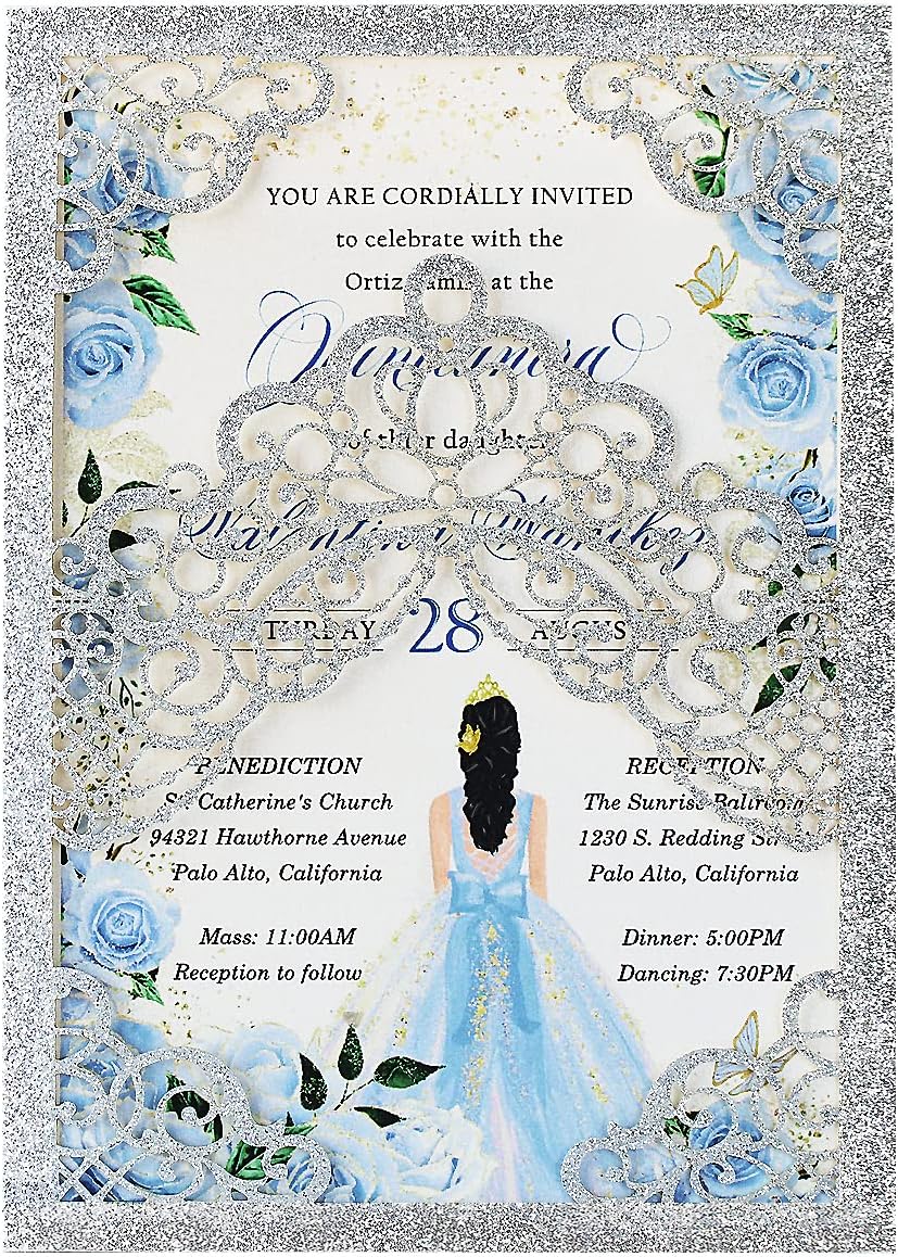 Hosmsua 50PCS 5.1x7.3 Inch Silver Glitter Quinceanera Invitations Cards Laser Cut Floral Crown Pocket Invitation with Envelopes for Birthday Bridal Shower
