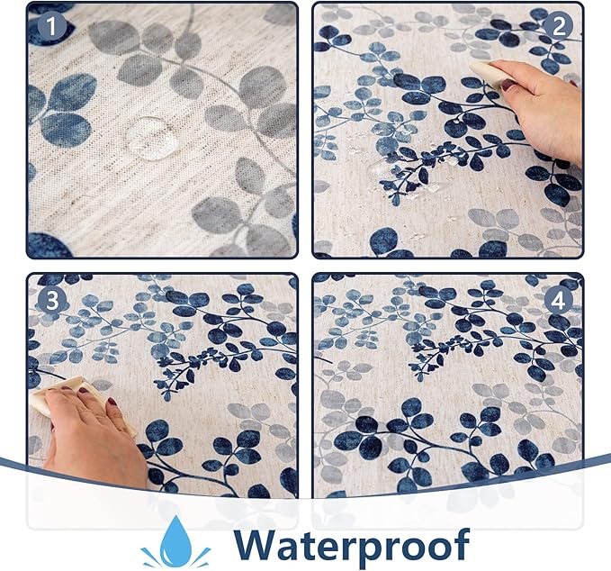 MYSKY HOME Floral Print Rectangle Tablecloth Waterproof Rectangular Table Cloth Linen Farmhouse Tablecloth for Kitchen Dining Spring Leaves Tablecloth for 8 Feet Table，60 x 120 Inches, Blue