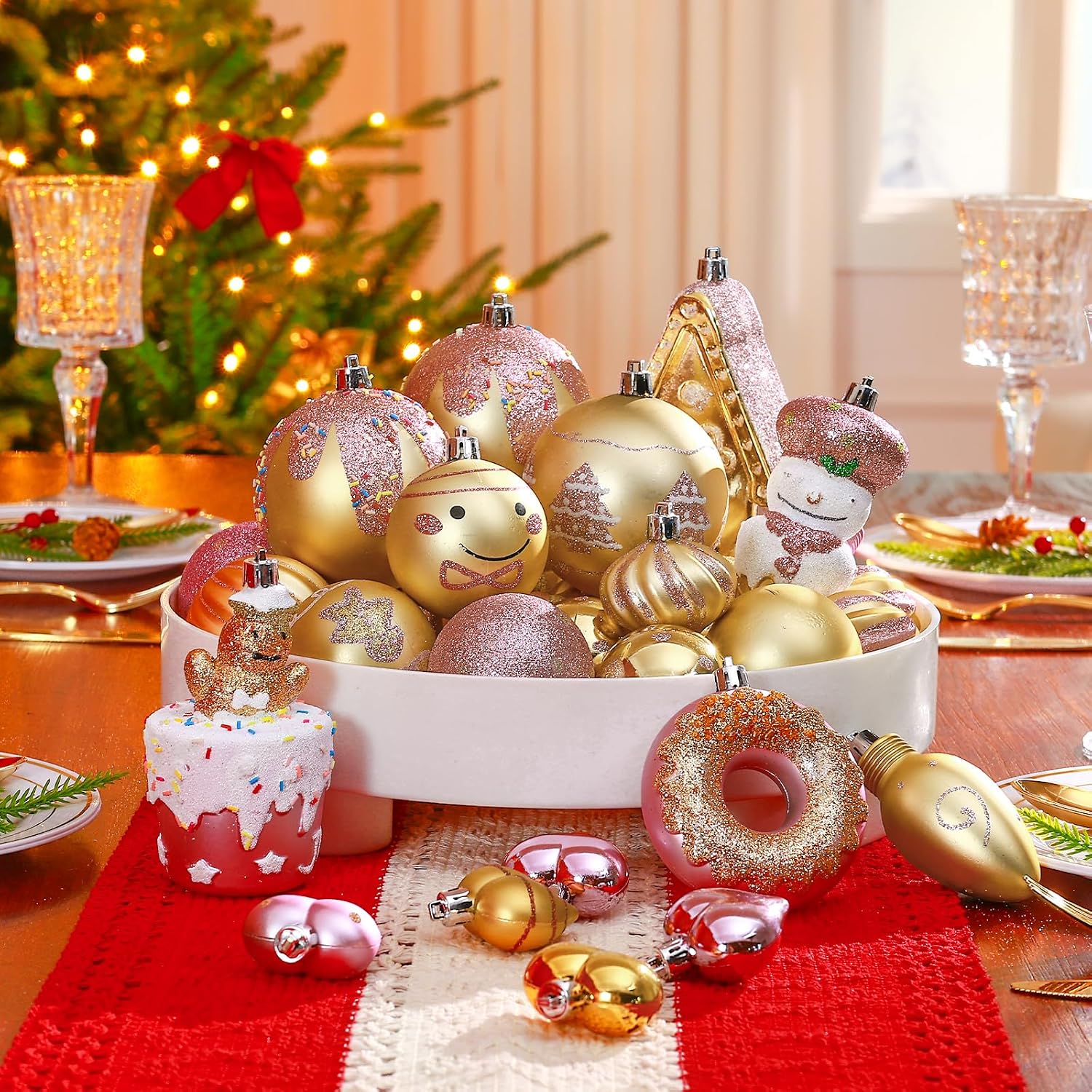 SHareconn 86pcs Christmas Tree Balls Ornaments, Shatterproof Plastic Decorative Baubles for Christmas Tree Decorations, Holiday Wedding Party Decoration, Festive Ornaments,Pink Gold