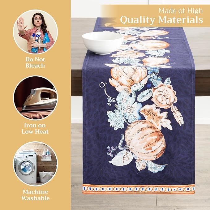 Maison d' Hermine Table Runner 100% Cotton Double Layer Table Runners 108 inches Long for Thanksgiving Christmas Decorations Home Kitchen Dining Party Wedding (Pumpkin Blues, 14.5" x 108")