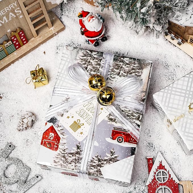LeZakaa Christmas Silver Wrapping Paper Mini Roll for Boy Kid, Red Truck, Snowy Pine Forest & Grid Plaid, Silver Foil Reversible Design for Winter Holiday Family Gathering, 17 inches x 32.8 Feet