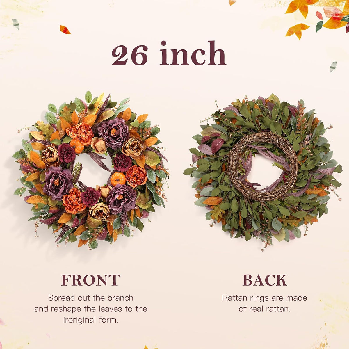 26 Inch Fall Wreath for Front Door, Large Autumn Harvest Wreath with Purple P...