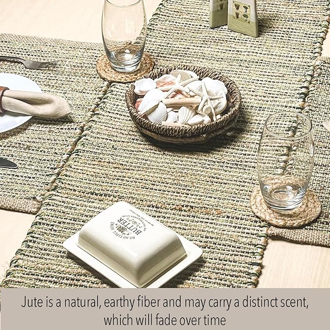 Chardin home Natural Jute Table Runner 13x90 Inch – Vintage Boho Rustic Table Decor – Handwoven Table Runner in Natural Jute and Green – Farmhouse Dining or Console Table Accent