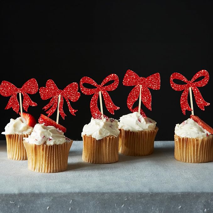 Gyufise 36Pcs Bow Cupcake Toppers Glitter Bowknot Cupcake Picks Bow Tie Birthday Decorations Princess Bow Cupcake Decorations for Bowknot Theme Baby Shower Birthday Party Supplies Red