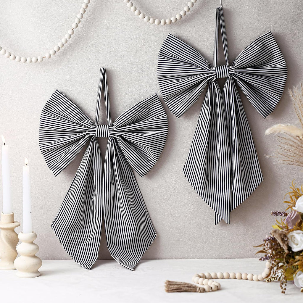 Suncalla Christmas Stripe 2 Pcs Wreath Bows 19.6'' x 11.8'' Large Wreath Sash for Front Door Party Yard Doorway Indoor Outdoor Wall Decoration (Black and White)