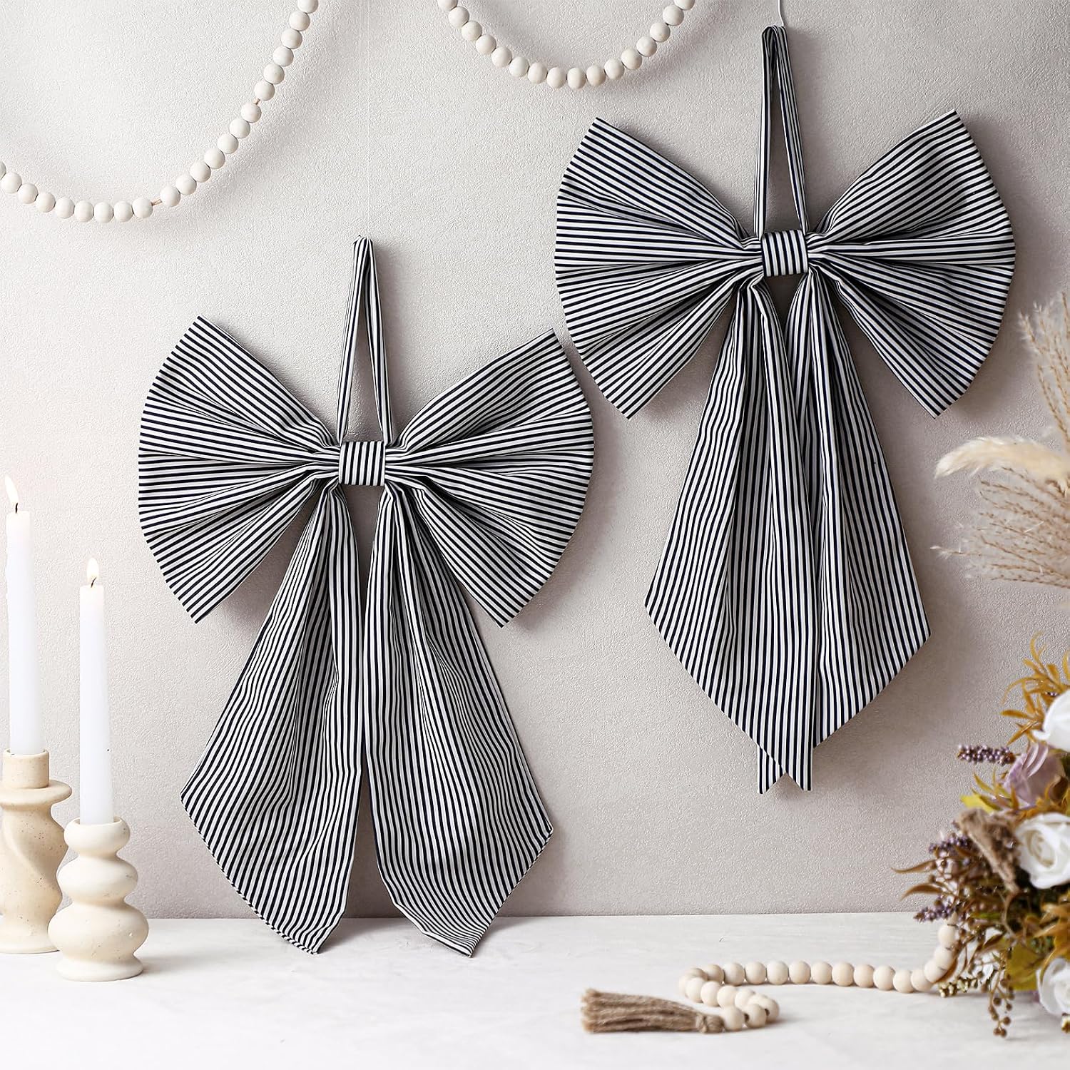 Suncalla Christmas Stripe 2 Pcs Wreath Bows 19.6'' x 11.8'' Large Wreath Sash for Front Door Party Yard Doorway Indoor Outdoor Wall Decoration (Black and White)