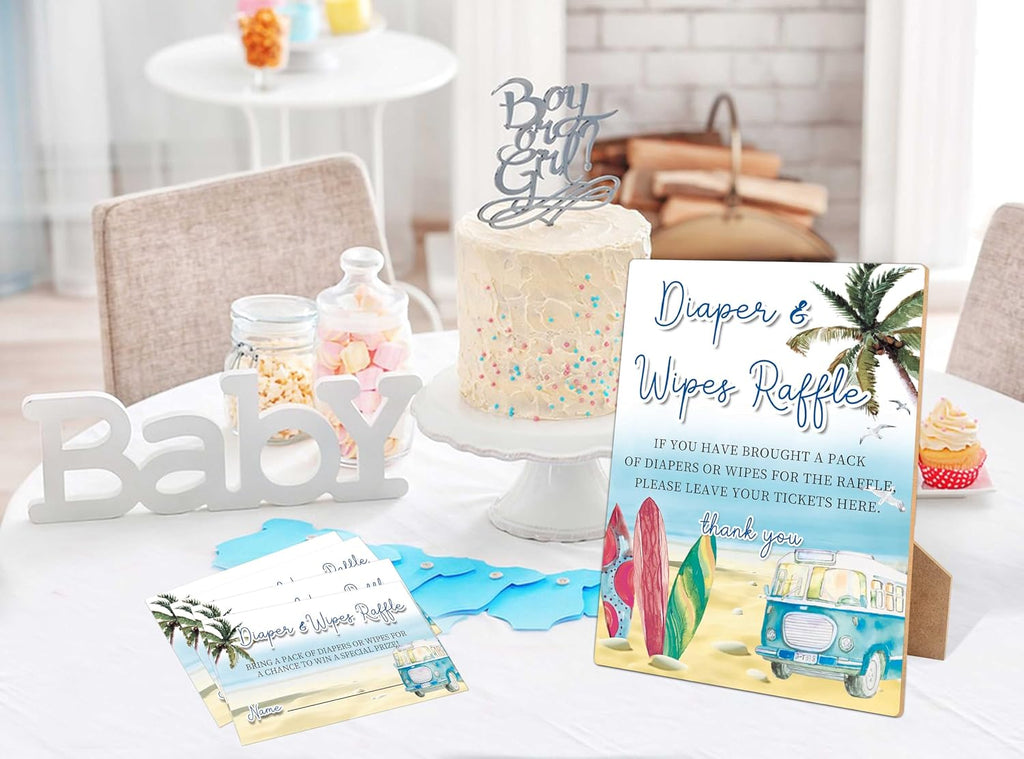 Diapers Wipes Raffle, Summer Beach Surf Diaper Raffle Tickets for Baby Shower, 1 Wooden Sign with 50 Diaper Raffle Cards, Game Activity for Baby Shower, Gender Reveal Party Favors Decorations