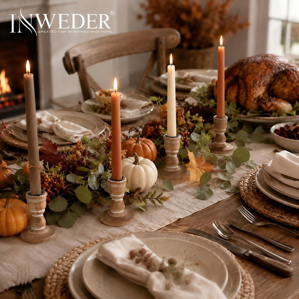 Wooden Taper Candle Holders: Rustic Farmhouse Decor, Set of 4 | Distressed Finish, Solid Wood Candlestick Holders for Fall Mantel, Dinning Table Centerpiece, Living Room, Thanksgiving