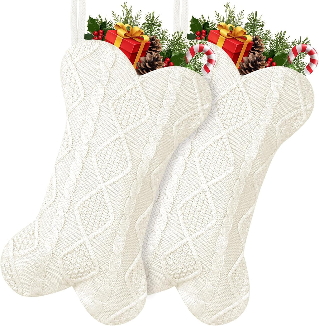 GOYOSWA 2 Pack Dog Christmas Stocking, 18 Inch Large Double Side Knitted Christmas Stocking for Dogs, Bone Shaped Hanging Dog Stockings for Dogs Pets (White & White)