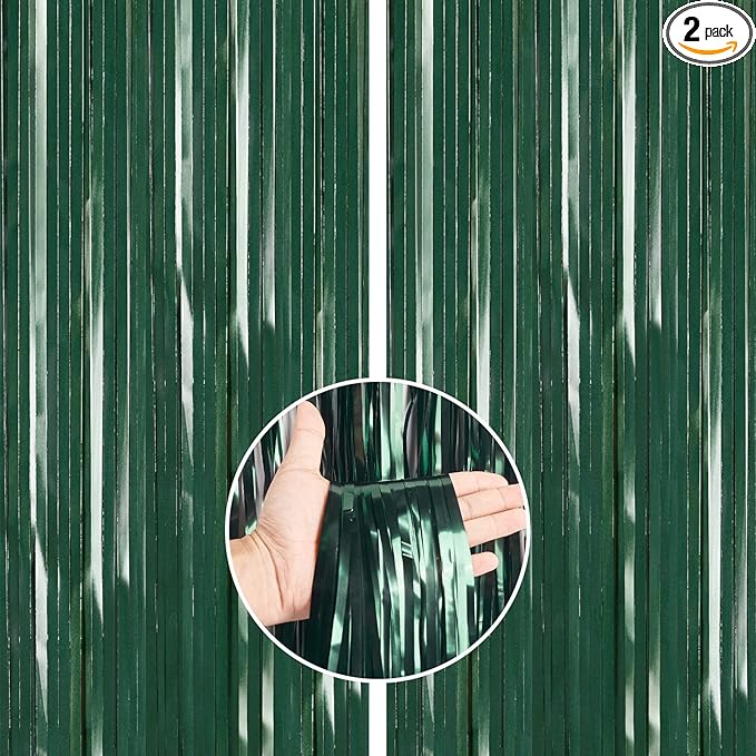PartyWoo Green Streamers Backdrop 2pcs Green Tinsel Foil Fringe Streamer Curtains 8.2 FT Curtains Photo Backdrop for Graduation Birthday Dinosaur Jungle Golf Football Theme Party Decorations