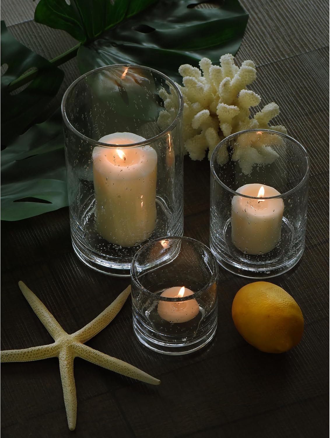 Glass Candle Holders Set, 3 Sizes 8" 5" 3.5" Height | Hurricane Vase Centerpieces, Clear Seeded Bubbles Cylinder For Pillar Votive Flower