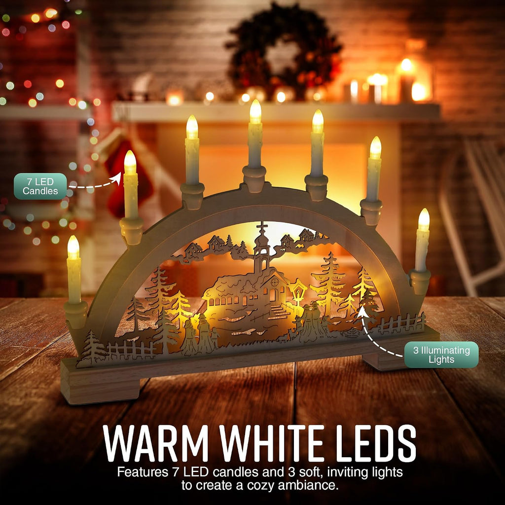 GloBrite Wooden Candle Bridge with 7 Warm White LED Candles | Battery Operated LED Lights Christmas Decorations | Arch Holders Candle Bridge for Indoor Home Decor