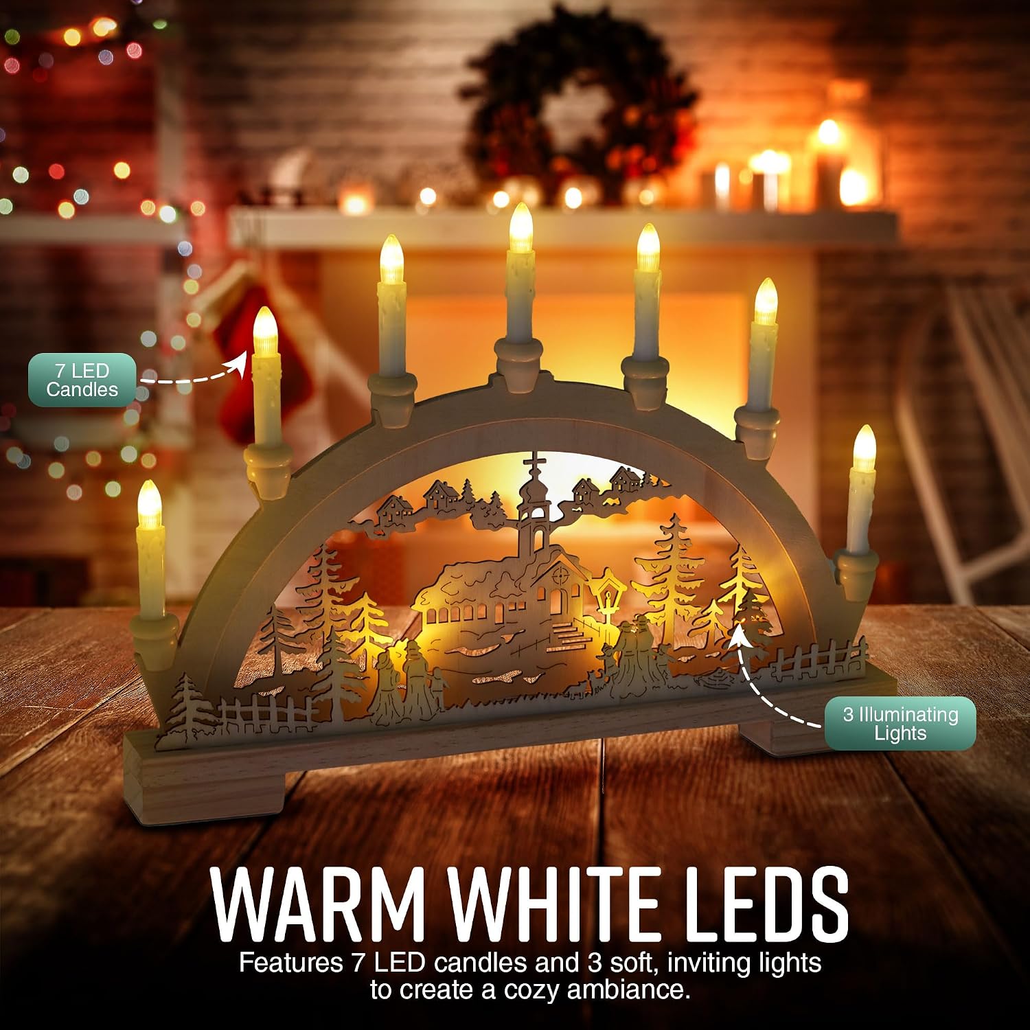 GloBrite Wooden Candle Bridge with 7 Warm White LED Candles | Battery Operated LED Lights Christmas Decorations | Arch Holders Candle Bridge for Indoor Home Decor