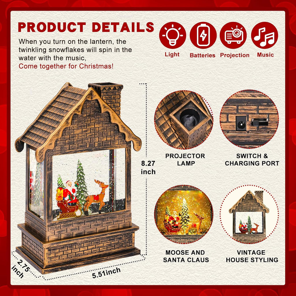 Garma Lighted Christmas Snow Globes Musical Lantern with Timer, Train Water Lanterns Snowing Glittering Battery Operated, Christmas Santa Claus Musical Lighted Christmas Home Décor (House Lantern)