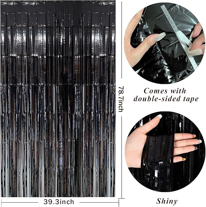 Black Party Streamers Foil Fringe Backdrop Curtains Tinsel Streamers Birthday Party Decorations Fringe Backdrop for Birthday Party Graduation Bridal Shower