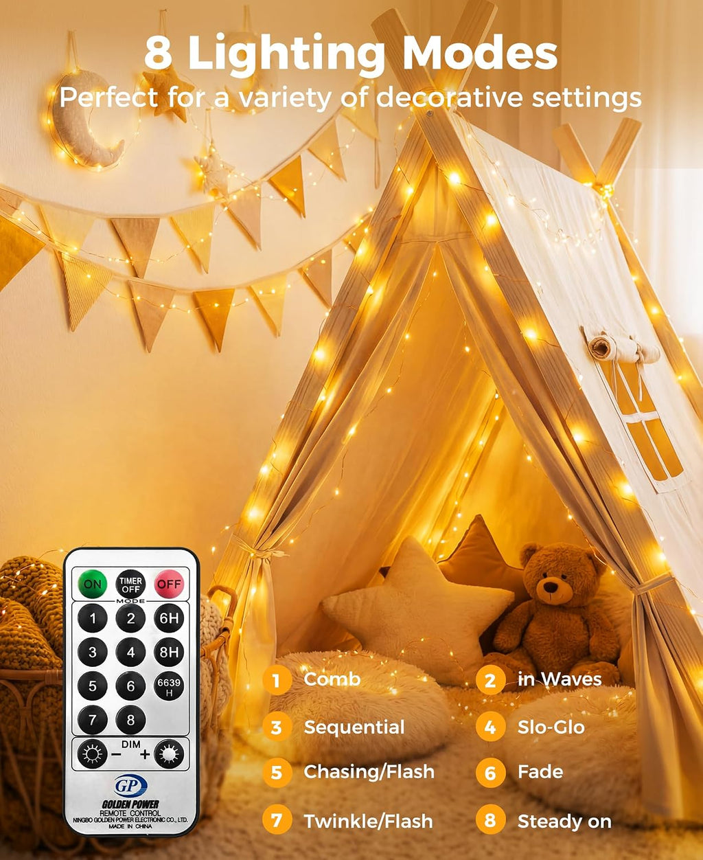 Plug-in Fairy Lights, 66 Ft 200 LED String Light with Remote, 8 Modes, Timer and Dimming Twinkle Lights for Indoor, Bedroom, Party, Decoration, Holiday, Warm White